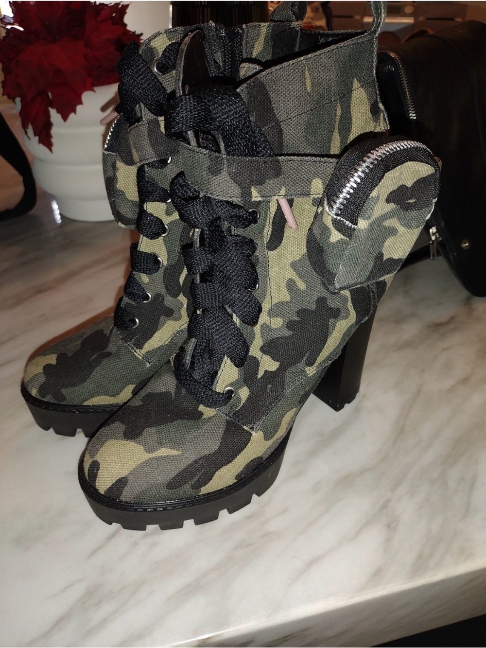 Camo Lace-Up Platform Ankle Boots - Women